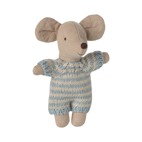A small, plush mouse toy wearing a blue and beige striped knitted outfit. It has large ears, a stitched smile, and button-like eyes, giving a cute and friendly appearance.