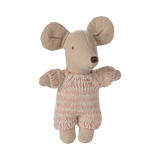 A cute fabric mouse toy with large ears and a tiny smile is wearing a pink knitted outfit. The toy conveys a playful and cozy feel.