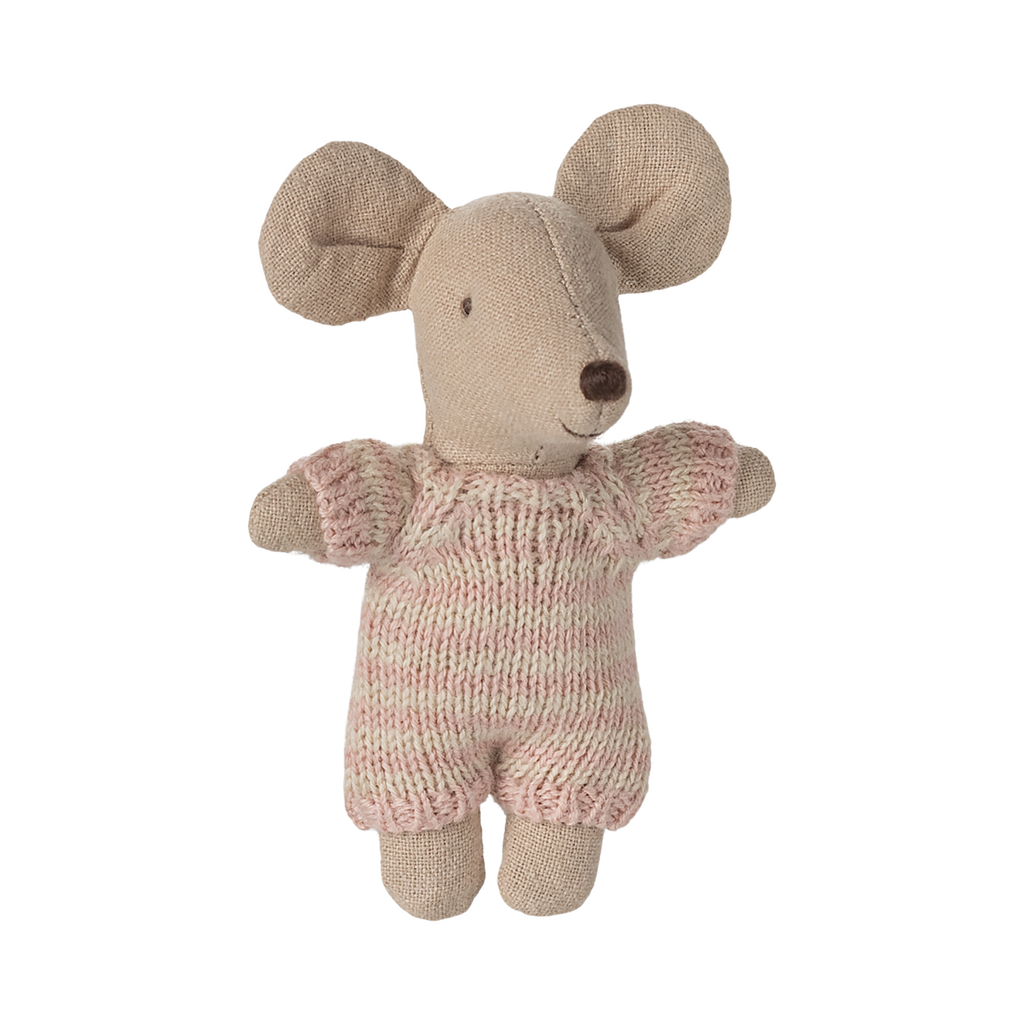 A cute fabric mouse toy with large ears and a tiny smile is wearing a pink knitted outfit. The toy conveys a playful and cozy feel.
