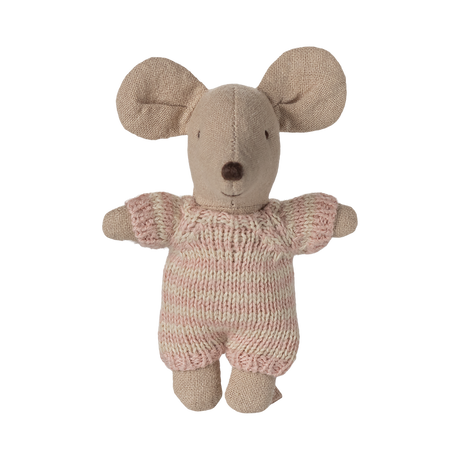 A cute fabric mouse toy with large ears and a tiny smile is wearing a pink knitted outfit. The toy conveys a playful and cozy feel.