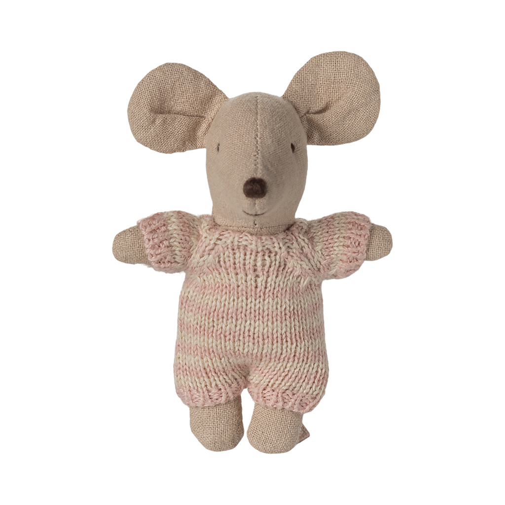 A cute fabric mouse toy with large ears and a tiny smile is wearing a pink knitted outfit. The toy conveys a playful and cozy feel.