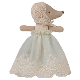 A fabric mouse doll in a delicate lace dress and bonnet stands against a white background. The doll's soft attire gives a vintage, elegant feel.