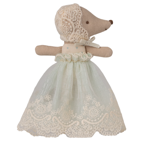 A fabric mouse doll in a delicate lace dress and bonnet stands against a white background. The doll's soft attire gives a vintage, elegant feel.