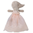 A plush hedgehog toy is dressed in a delicate, pink lace dress with a matching lace bonnet. The background is solid white, emphasizing the toy's elegance.