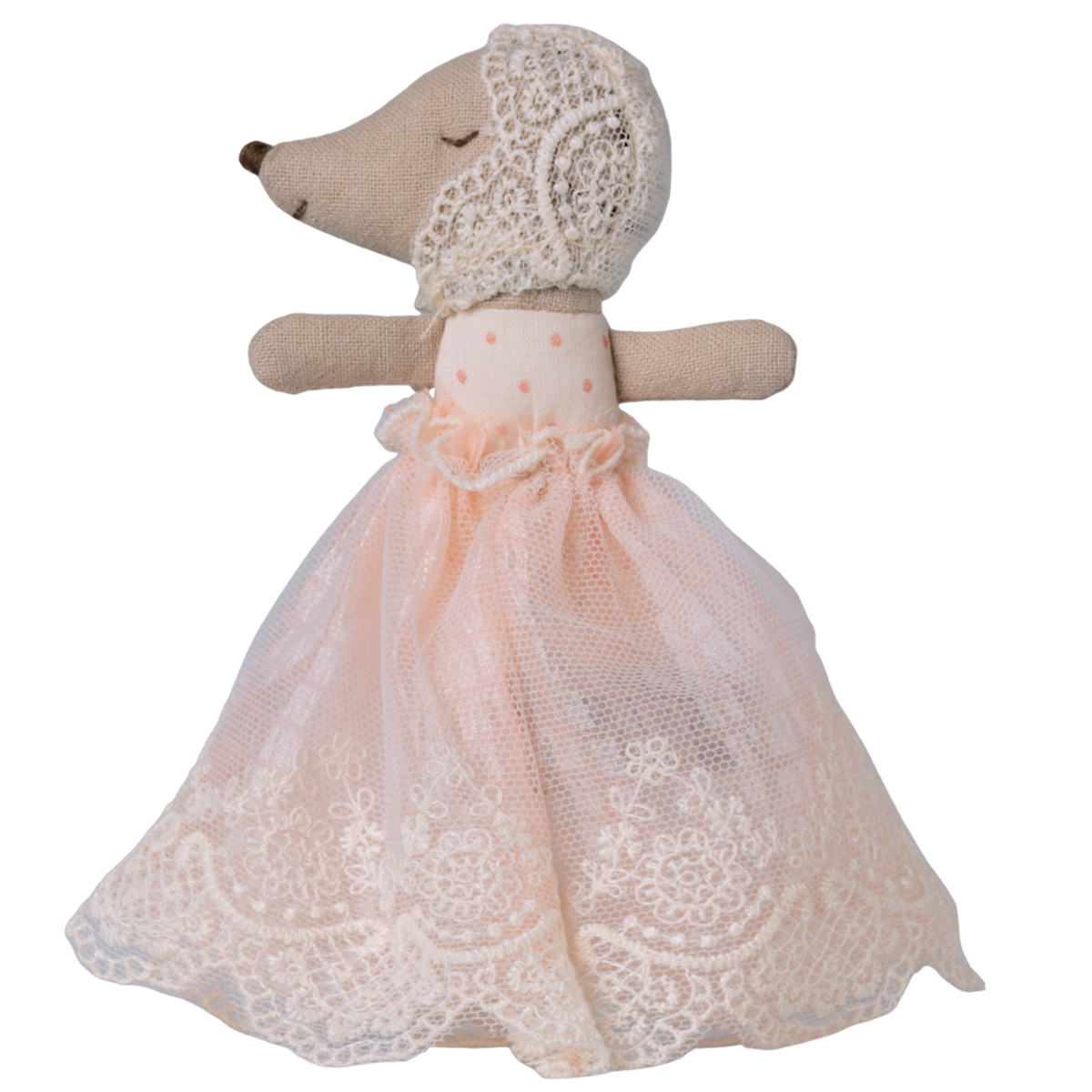 A plush mouse toy dressed in a delicate pink lace gown and bonnet, set against a white background. The toy exudes a vintage, whimsical charm.