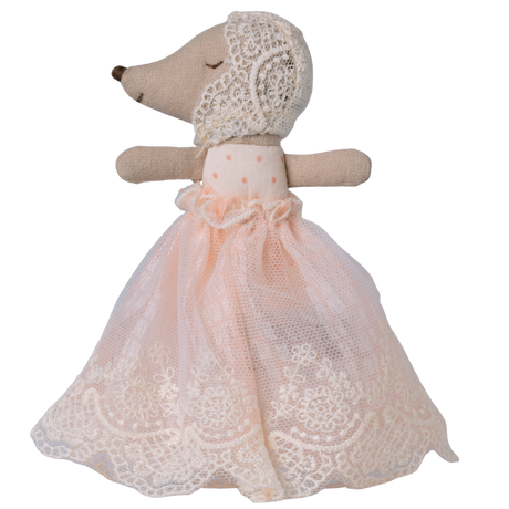 A plush mouse toy dressed in a delicate pink lace gown and bonnet, set against a white background. The toy exudes a vintage, whimsical charm.