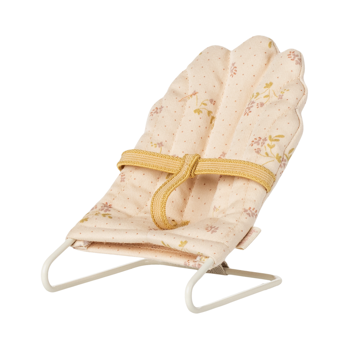 Soft, pink miniature doll chair with floral patterns on a white wire frame, featuring a yellow fabric strap. The design feels delicate and vintage.