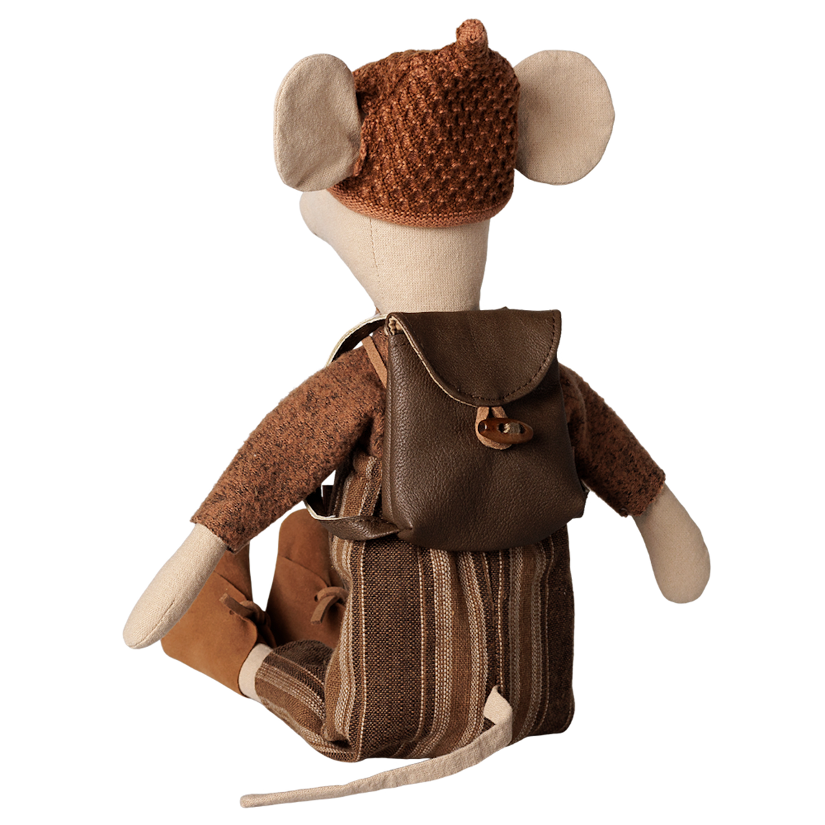 Maileg medium mouse plush toy seen from behind wearing a brown leather backpack and striped overalls.