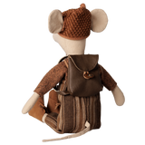 Maileg medium mouse plush toy seen from behind wearing a brown leather backpack and striped overalls.