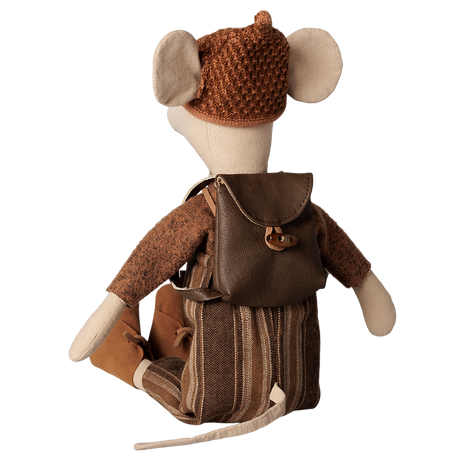 Maileg medium mouse plush toy seen from behind wearing a brown leather backpack and striped overalls.
