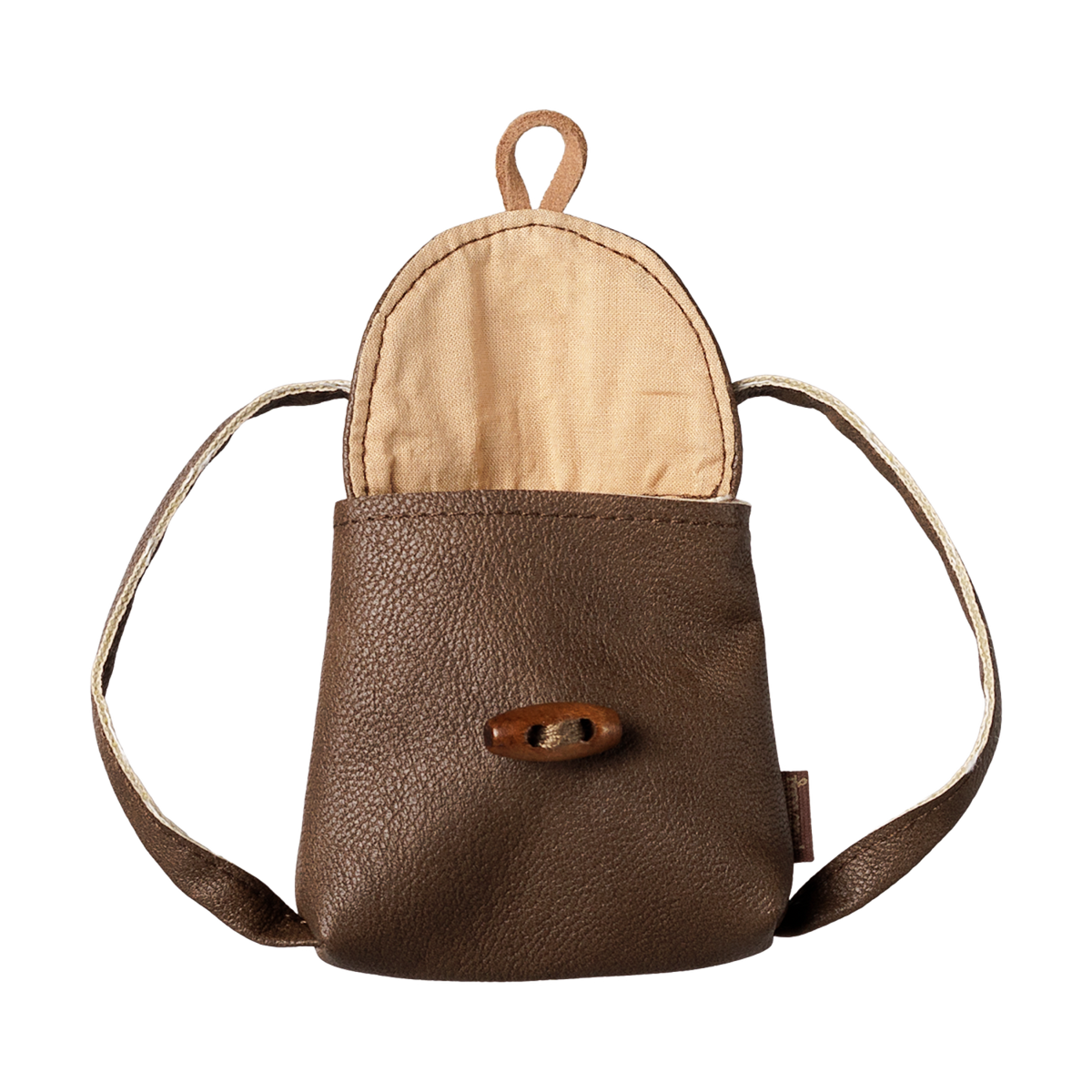 Maileg medium mouse brown leather-look toy backpack shown open with a wooden toggle button.