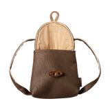 Maileg medium mouse brown leather-look toy backpack shown open with a wooden toggle button.