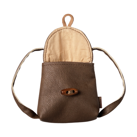 Maileg medium mouse brown leather-look toy backpack shown open with a wooden toggle button.