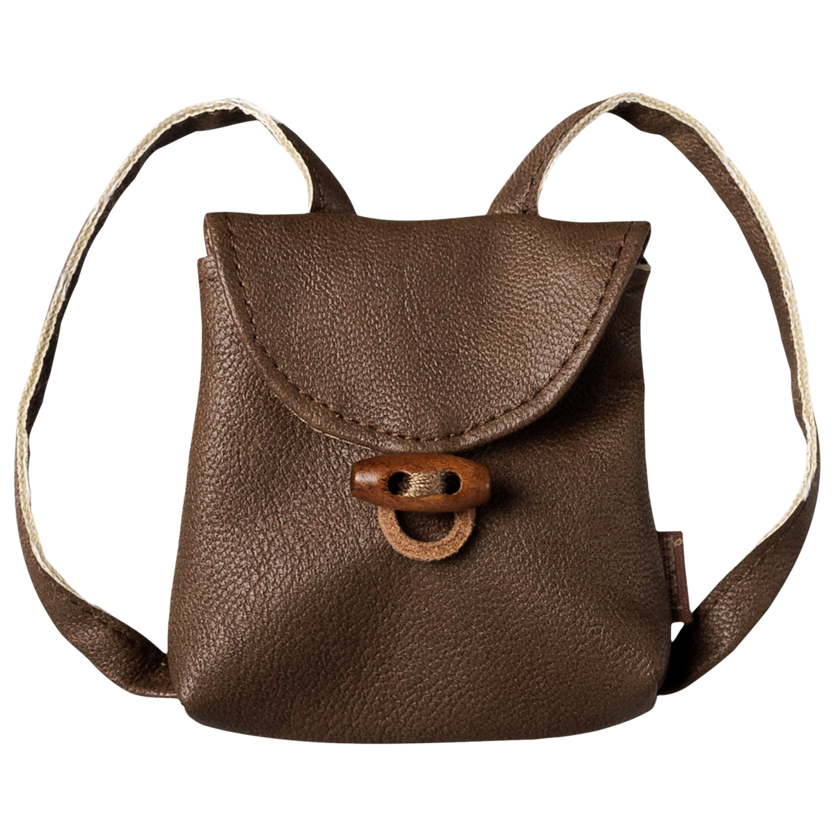 Maileg medium mouse brown leather backpack with a wooden toggle button closure.
