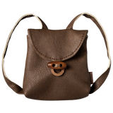 Maileg medium mouse brown leather backpack with a wooden toggle button closure.