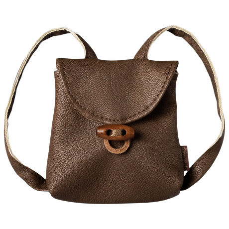 Maileg medium mouse brown leather backpack with a wooden toggle button closure.