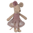 A cute fabric mouse doll wearing a pink tutu and flower headband stands against a white background. The doll exudes a playful and charming vibe.