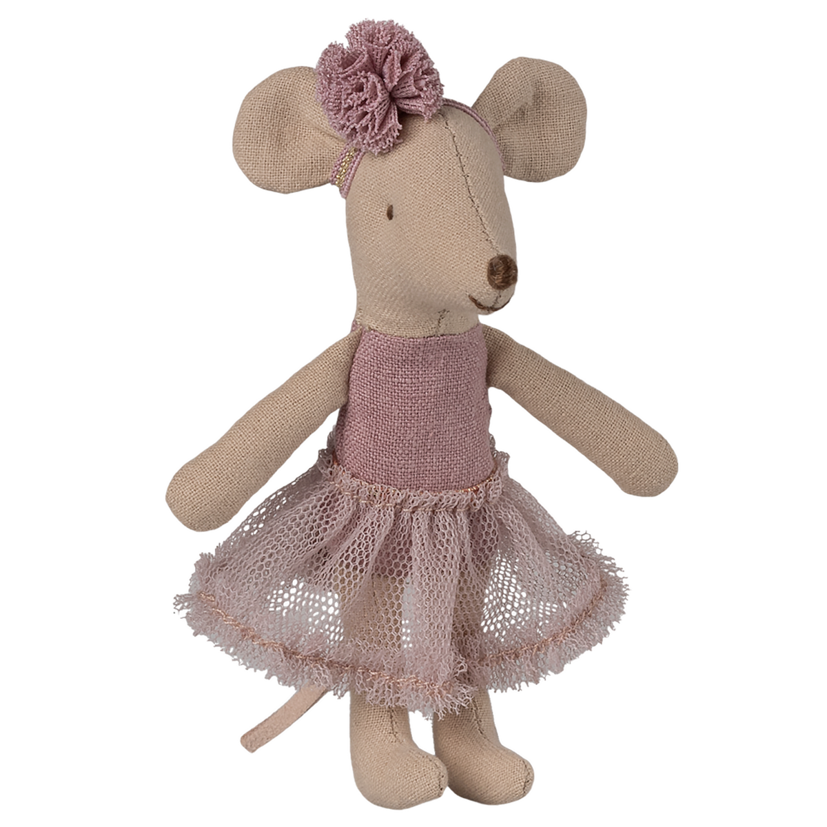 A cute fabric mouse doll wearing a pink tutu and flower headband stands against a white background. The doll exudes a playful and charming vibe.