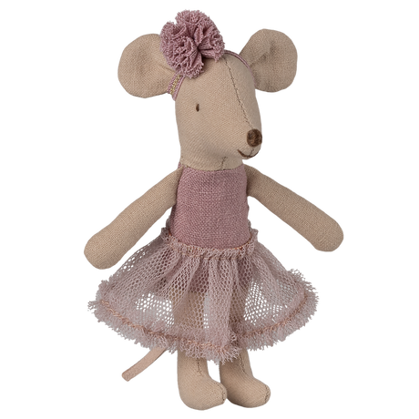 A cute fabric mouse doll wearing a pink tutu and flower headband stands against a white background. The doll exudes a playful and charming vibe.