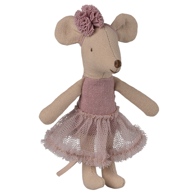 A cute fabric mouse doll wearing a pink tutu and flower headband stands against a white background. The doll exudes a playful and charming vibe.