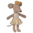 A plush mouse doll wears a beige tutu and matching headpiece, poised against a white background. The mouse exudes a whimsical, playful tone.