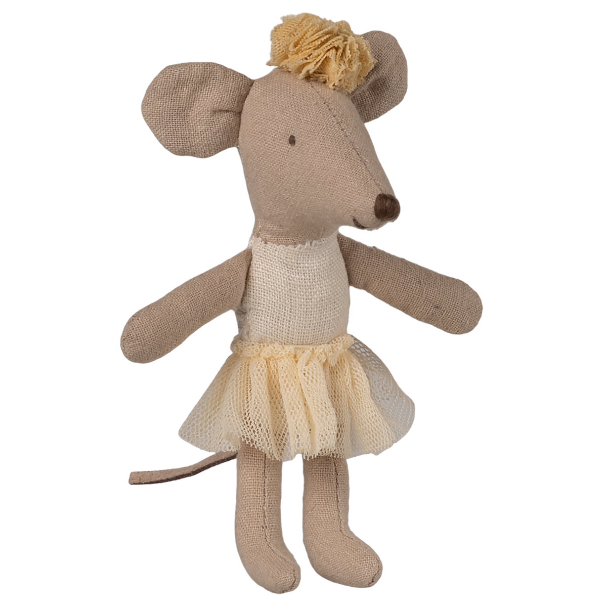 A plush mouse doll wears a beige tutu and matching headpiece, poised against a white background. The mouse exudes a whimsical, playful tone.