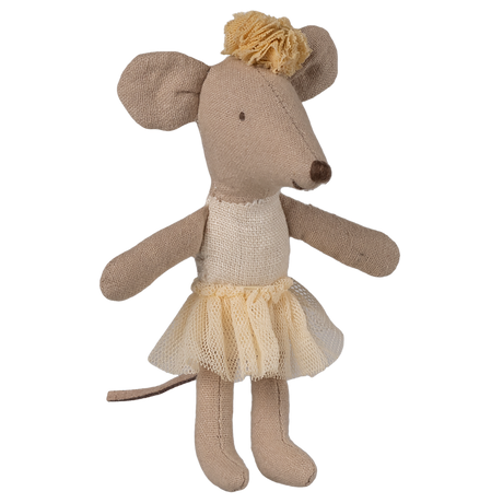 A plush mouse doll wears a beige tutu and matching headpiece, poised against a white background. The mouse exudes a whimsical, playful tone.