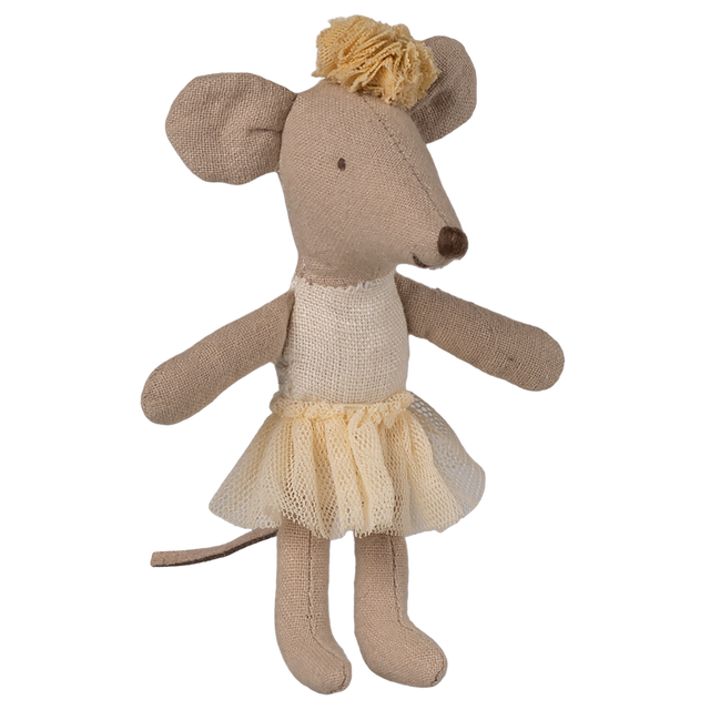 A plush mouse doll wears a beige tutu and matching headpiece, poised against a white background. The mouse exudes a whimsical, playful tone.