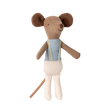 Plush toy mouse with a brown head, large round ears, and a happy expression. Wears a light blue top with straps, white pants, and has a long tail.