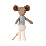 Plush toy mouse with a brown head, large round ears, and a happy expression. Wears a light blue top with straps, white pants, and has a long tail.