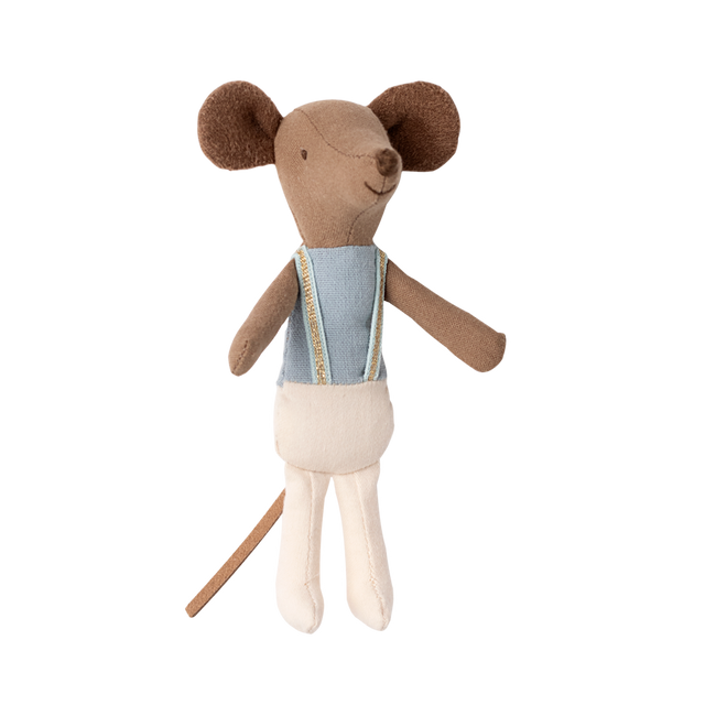 Plush toy mouse with a brown head, large round ears, and a happy expression. Wears a light blue top with straps, white pants, and has a long tail.