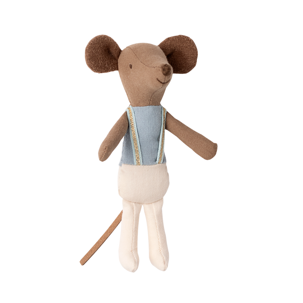 Plush toy mouse with a brown head, large round ears, and a happy expression. Wears a light blue top with straps, white pants, and has a long tail.
