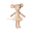 Cute fabric mouse toy dressed in a yellow ballerina outfit with a tutu and headband, smiling. The toy exudes a playful and charming vibe.
