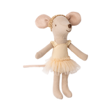 Cute fabric mouse toy dressed in a yellow ballerina outfit with a tutu and headband, smiling. The toy exudes a playful and charming vibe.