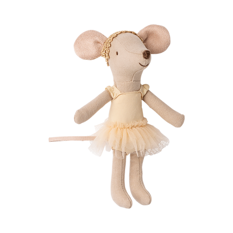 Cute fabric mouse toy dressed in a yellow ballerina outfit with a tutu and headband, smiling. The toy exudes a playful and charming vibe.