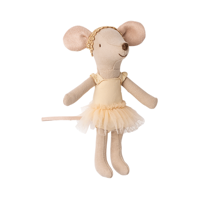 Cute fabric mouse toy dressed in a yellow ballerina outfit with a tutu and headband, smiling. The toy exudes a playful and charming vibe.