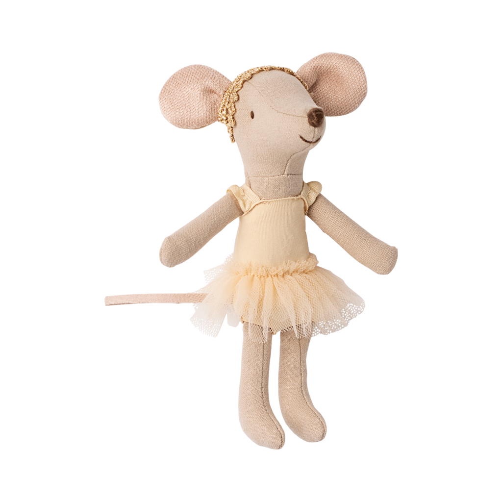 Cute fabric mouse toy dressed in a yellow ballerina outfit with a tutu and headband, smiling. The toy exudes a playful and charming vibe.