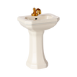 A miniature porcelain pedestal sink with a glossy finish and golden faucet. This elegant bathroom fixture conveys a sense of luxury and vintage charm.