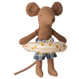 A brown fabric mouse toy wearing blue checkered shorts and an inflated white swim ring with orange polka dots, set against a white background.