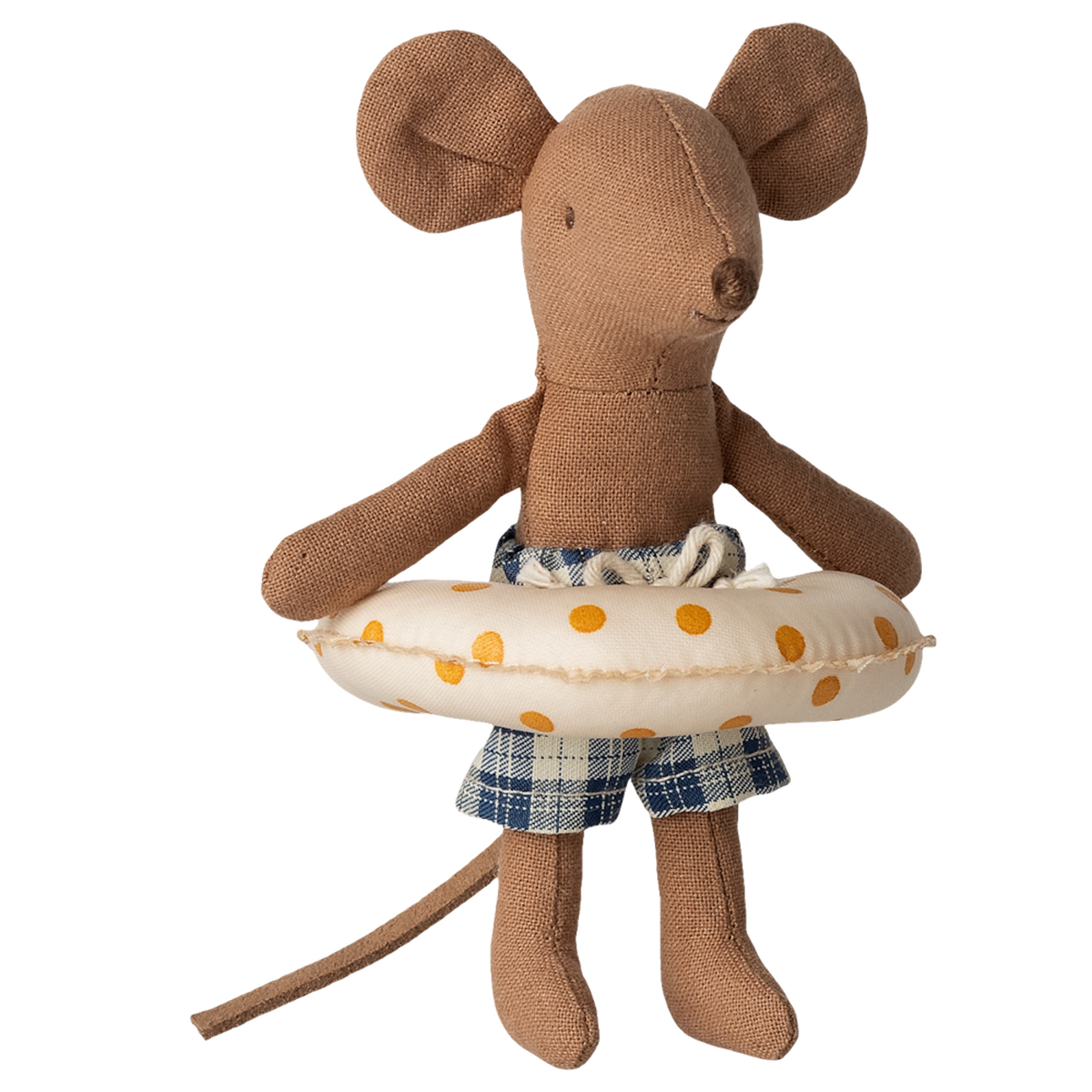 A brown fabric mouse toy wearing blue checkered shorts and an inflated white swim ring with orange polka dots, set against a white background.
