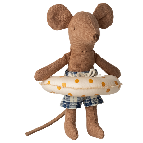 A brown fabric mouse toy wearing blue checkered shorts and an inflated white swim ring with orange polka dots, set against a white background.