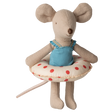 A plush mouse toy in a blue swimsuit and a red polka dot inflatable ring set against a white background. It has a playful and cheerful tone.