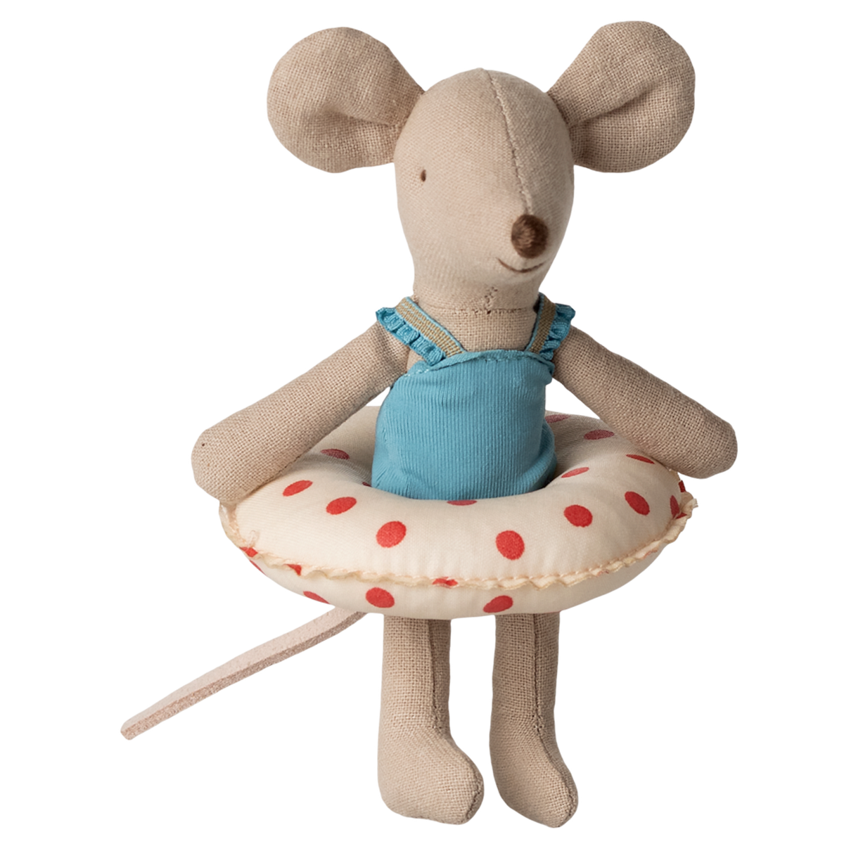 A plush mouse toy in a blue swimsuit and a red polka dot inflatable ring set against a white background. It has a playful and cheerful tone.