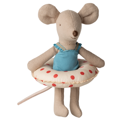 A plush mouse toy in a blue swimsuit and a red polka dot inflatable ring set against a white background. It has a playful and cheerful tone.