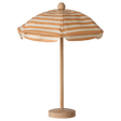 Wooden model of a striped beach umbrella with beige and white fabric on a simple pole, set against a white background, evoking a playful summer vibe.