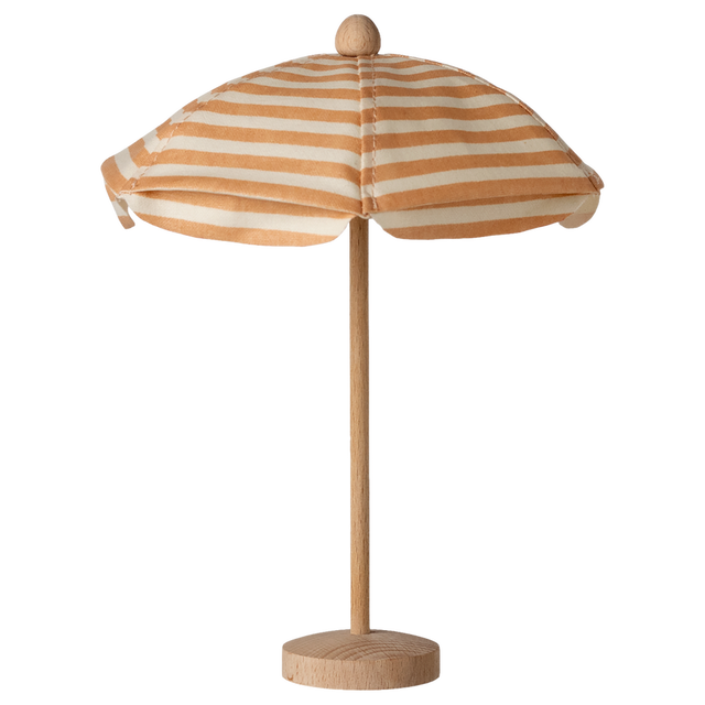 Wooden model of a striped beach umbrella with beige and white fabric on a simple pole, set against a white background, evoking a playful summer vibe.