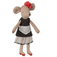 Toy mouse dressed in a black dress with a white lace apron, red shoes, and a pink flower headband. The mouse stands against a white background.