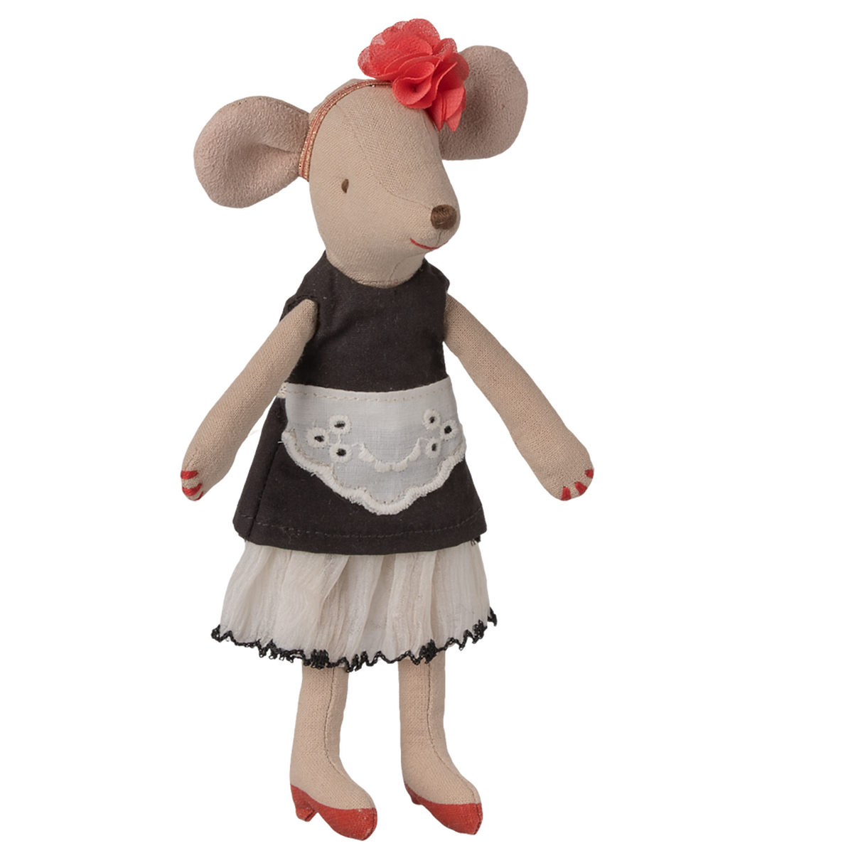 Toy mouse dressed in a black dress with a white lace apron, red shoes, and a pink flower headband. The mouse stands against a white background.