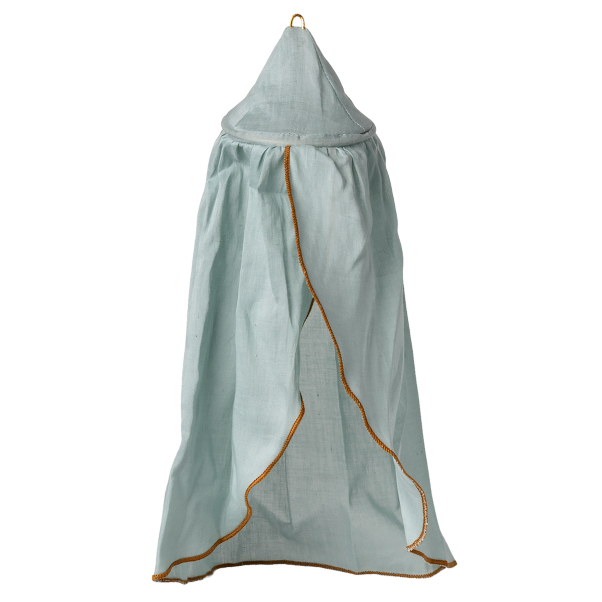Light blue fabric canopy with a pointed top, outlined in orange trim, hangs against a white background. The canopy's shape evokes a whimsical, tent-like appearance.