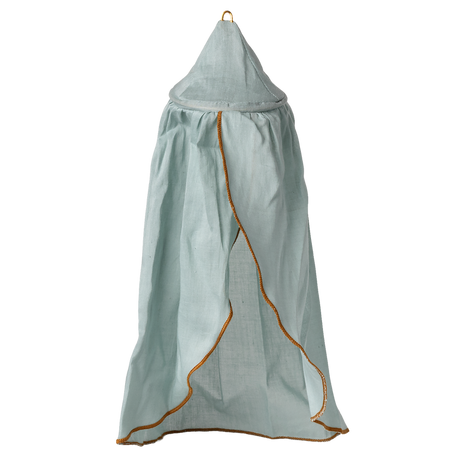 Light blue fabric canopy with a pointed top, outlined in orange trim, hangs against a white background. The canopy's shape evokes a whimsical, tent-like appearance.